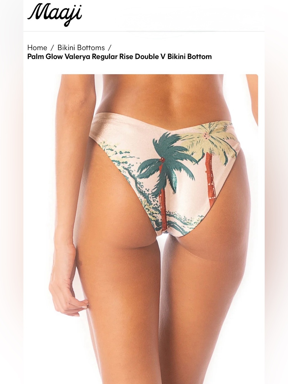 Maaji Pale Gold  Reversible Bikini Bottom with Teal Palm Print, size Large